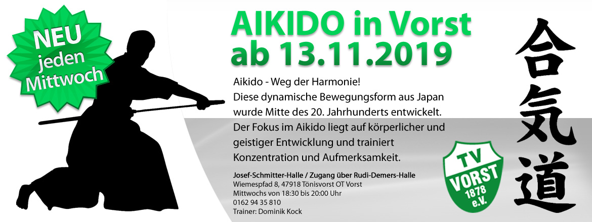 Aikido ab 13.11.19 jeden Mittwoch von 18.30 bis 20 Uhr Aikido ab 13.11.19 jeden Mittwoch von 18.30 bis 20 Uhr