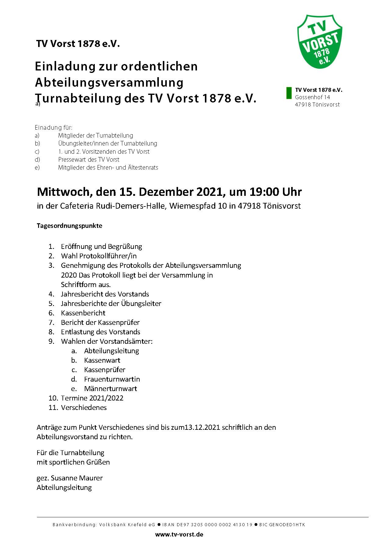 Einladung Jahreshauptversammlung Turnabteilung TV Vorst 1878 e.V.