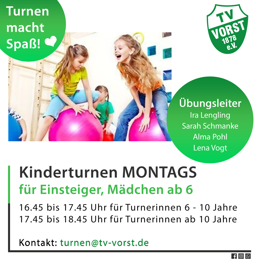 Kinderturnen beim TV Vorst, Gruppen bis 9 Jahre und ab 10 Jahren Kinderturnen beim TV Vorst, Gruppen bis 9 Jahre und ab 10 Jahren