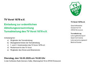 Einladung Jahreshauptversammlung Turnabteilung TV Vorst e.V.